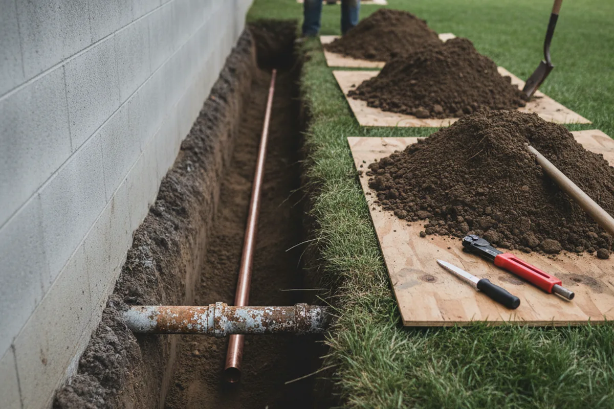 Excavated water line trench during Sewer Line Repair in Llewellyn